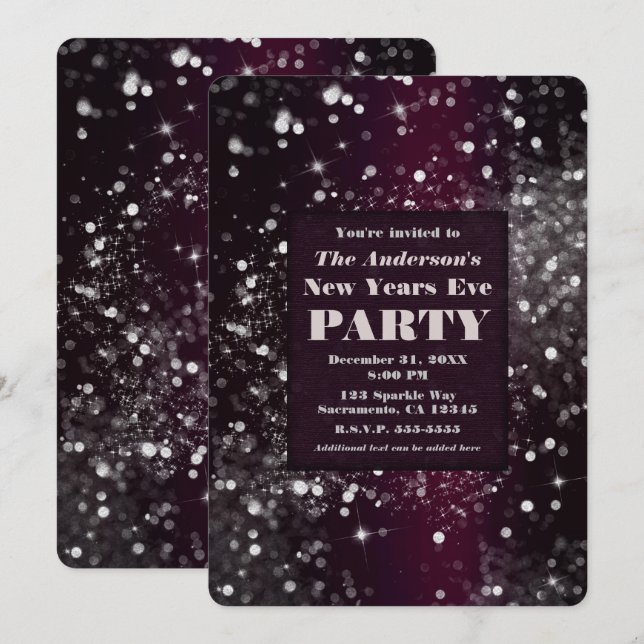 Invitation Burgundy Argent Paillettes Soirée Nouvel An (Devant / Derrière)