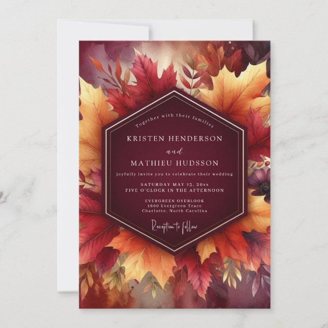 Invitation Burgundy Autumn Leaf Celebration Wedding (Devant)