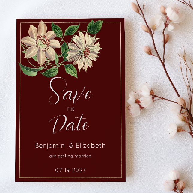 Invitation Burgundy blanc vert floral botanique Enregistrer l (Burgundy white green floral botanic Save the Date)