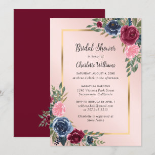 Invitation Burgundy Bleu Bleu Élégant Fête des mariées floral