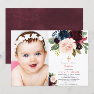 Invitation Burgundy bleu marine floral fille baptism photo