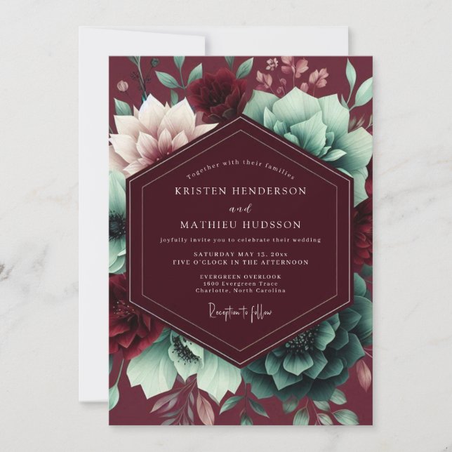 Invitation Burgundy Bloom Whimsical Wedding (Devant)
