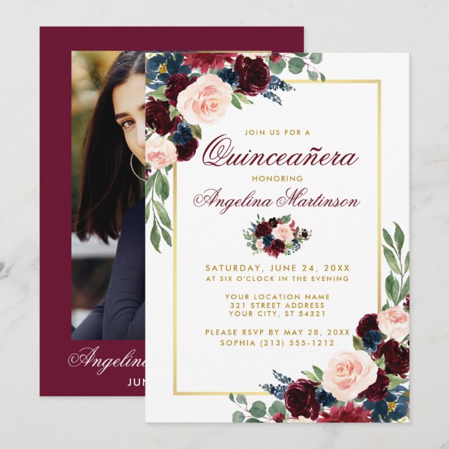 Invitation Burgundy Blue Floral Quinceanera Gold Photo (Devant / Derrière)