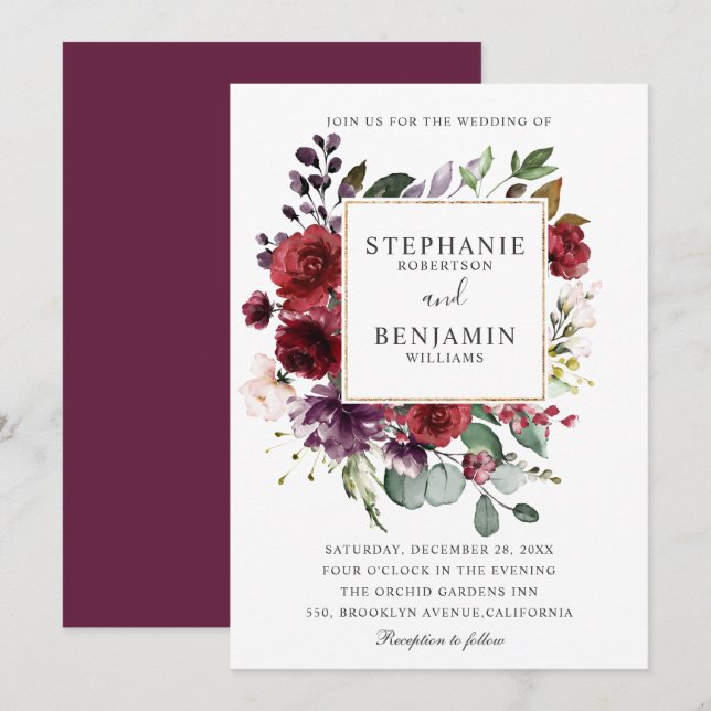 Invitation Burgundy Blush Aquarelle Mariage Floral (Devant / Derrière)
