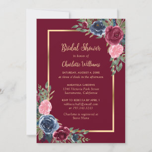 Invitation Burgundy Blush Blue Gold Fête des mariées Florale