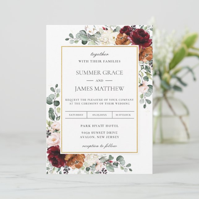 Invitation Burgundy Blush Burange Orange Mariage floral ivoir (Debout devant)