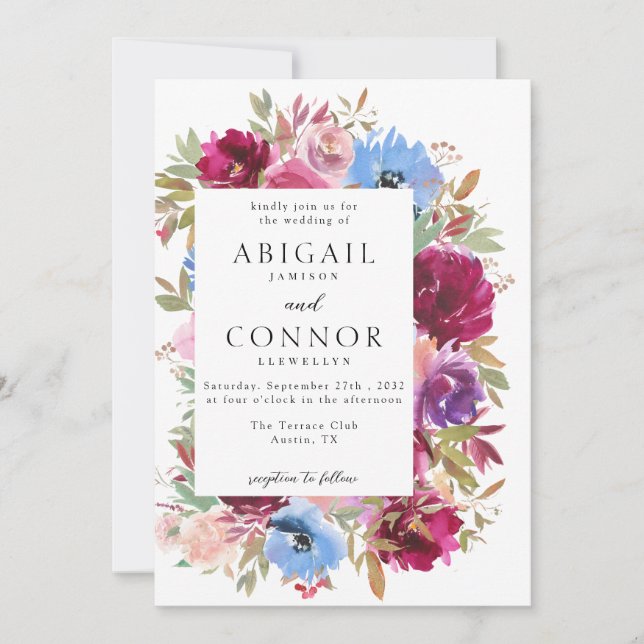 Invitation Burgundy Blush Dusty Bleu Élégant Floral (Devant)
