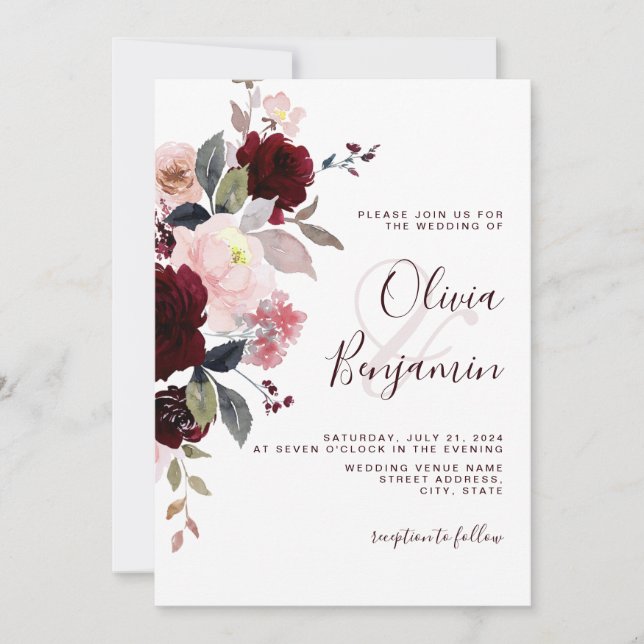 Invitation Burgundy Blush Dusty rose Élégant Mariage floral (Devant)