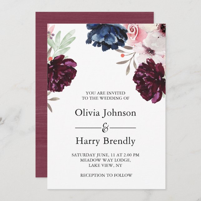 Invitation Burgundy Blush Élégant Mariage Floral (Devant / Derrière)