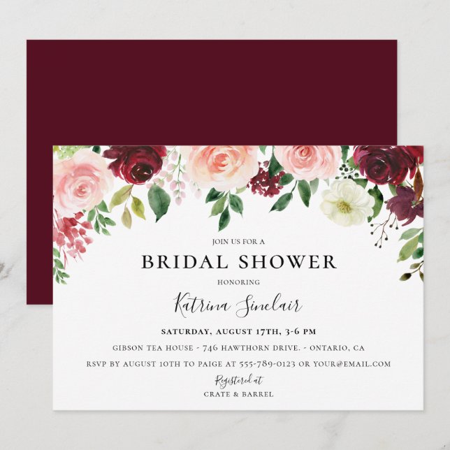Invitation Burgundy Blush Fall Fête des mariées florale (Devant / Derrière)