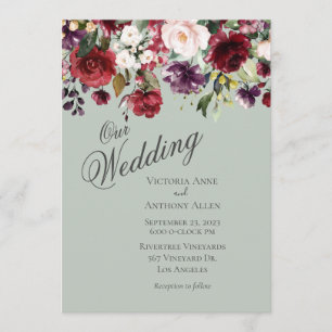Invitation Burgundy Blush Floral Aquarelle Vert Mariage