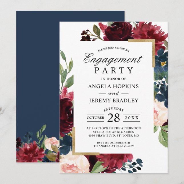 Invitation Burgundy Blush Floral Blue Gold Party (Devant / Derrière)