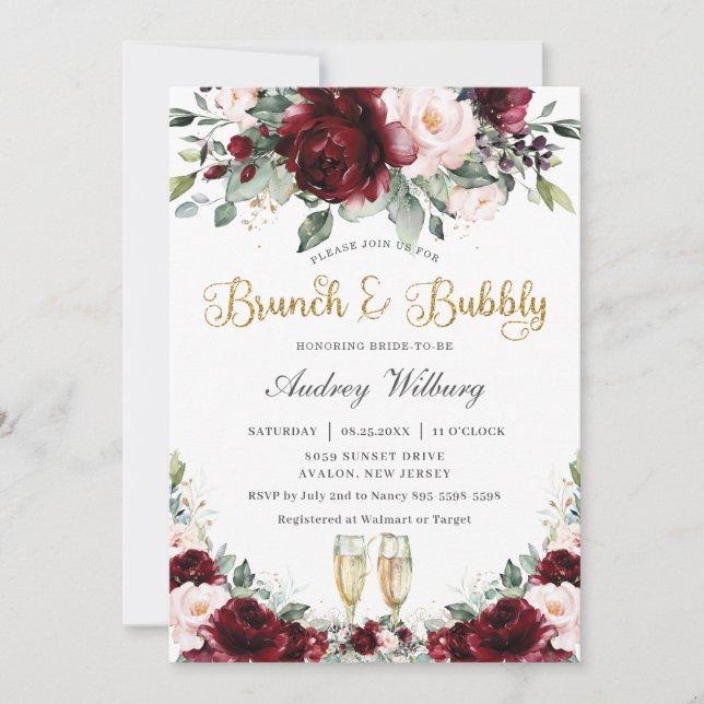 Invitation Burgundy Blush Floral Brunch Fête des mariées Bubb (Devant)
