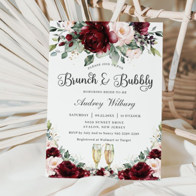 Invitation Burgundy Blush Floral Brunch Fête des mariées Bubb (Créateur téléchargé)
