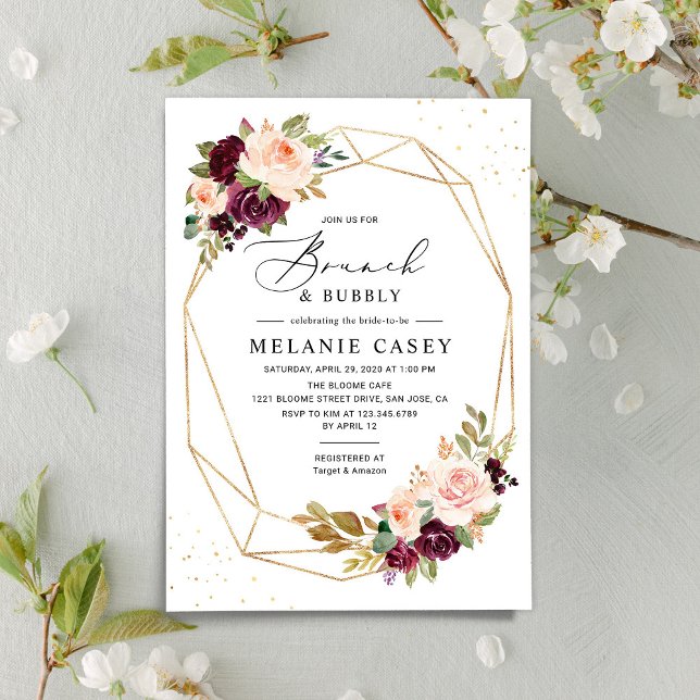 Invitation Burgundy Blush Floral Brunch géométrique et Bubbly (Créateur téléchargé)
