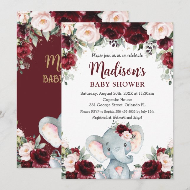 Invitation Burgundy Blush Floral Cute Elephant Baby shower (Devant / Derrière)