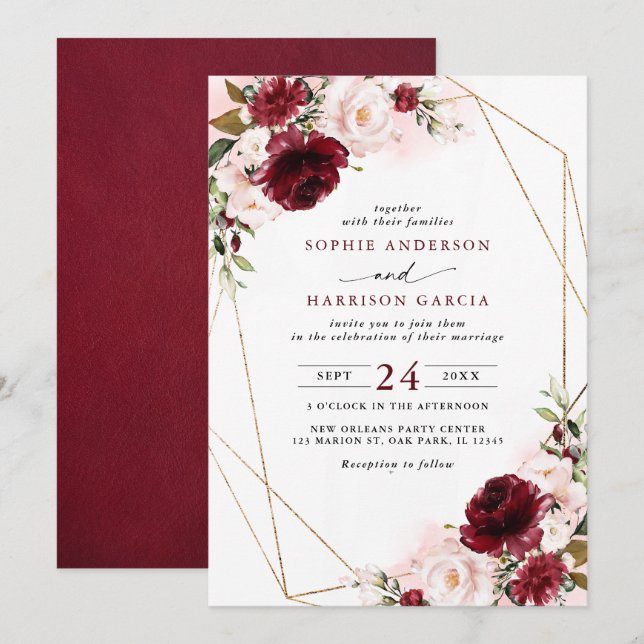 Invitation Burgundy Blush Floral Et Mariage Géométrique Or (Devant / Derrière)