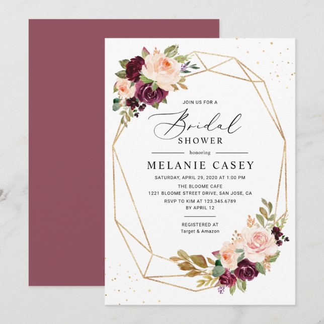 Invitation Burgundy Blush Floral Gold Fête des mariées géomét (Devant / Derrière)