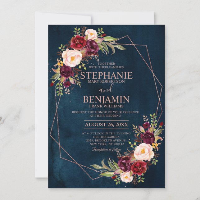 Invitation Burgundy Blush Floral moderne Mariage géométrique  (Devant)