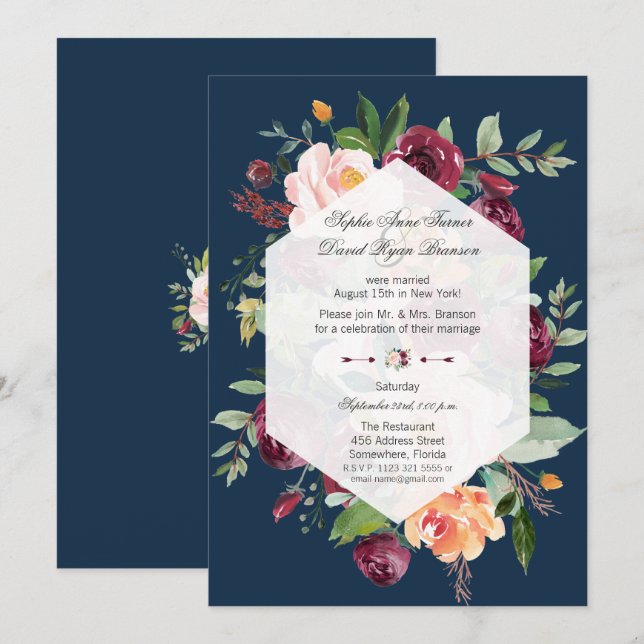 Invitation Burgundy Blush Floral Navy Bleu soirée Mariage (Devant / Derrière)
