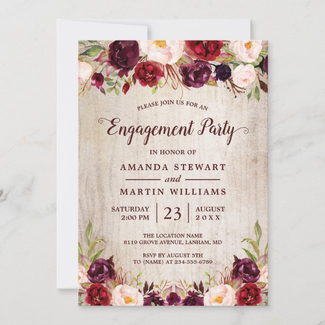 Invitation Burgundy Blush Floral Rustic Wood (Devant)