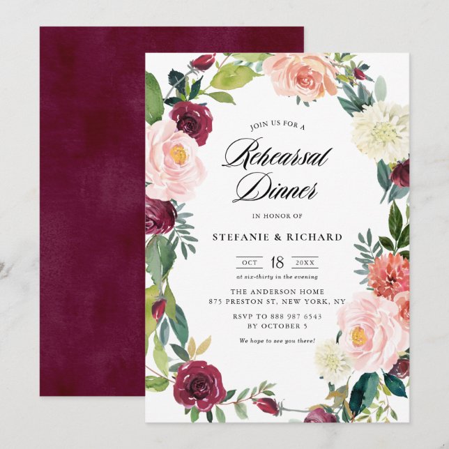Invitation Burgundy Blush Floral Wreath Dîner de répétition d (Devant / Derrière)