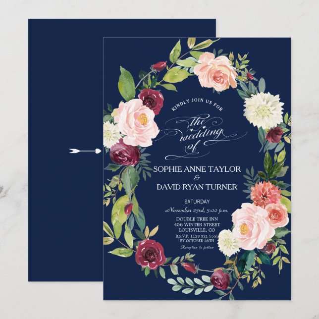 Invitation Burgundy Blush Floral Wreath Mariage bleu foncé (Devant / Derrière)
