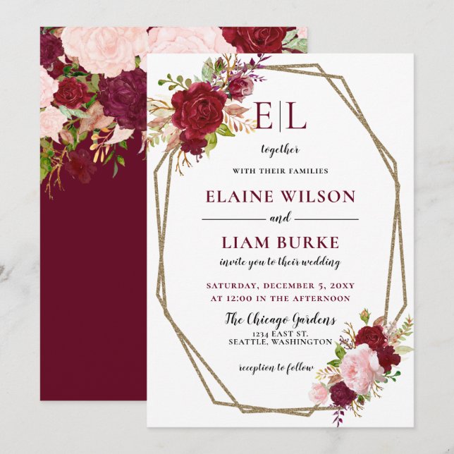 Invitation Burgundy Blush Gold Floral Mariage (Devant / Derrière)