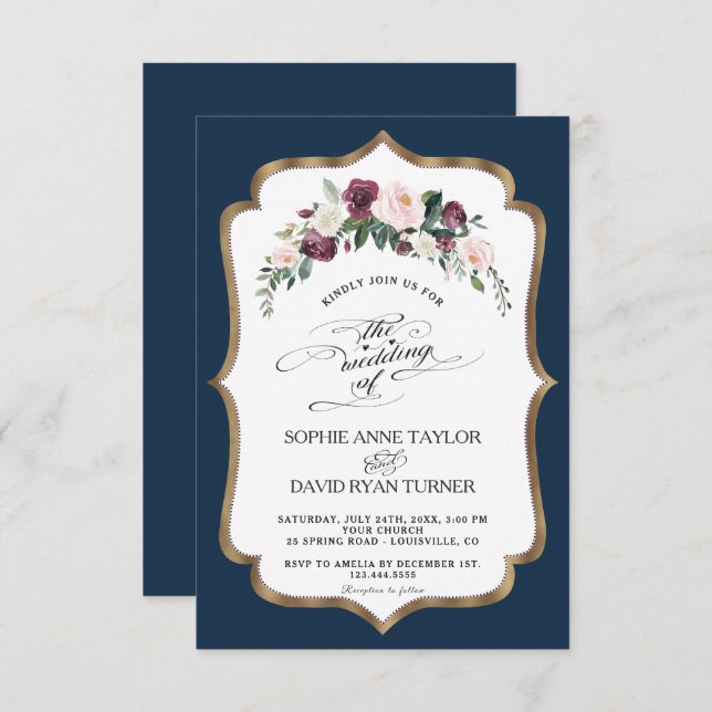 Invitation Burgundy Blush Ivory Florom Gold Mariage (Devant / Derrière)