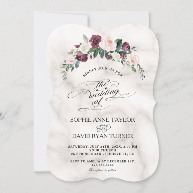 Invitation Burgundy Blush Ivory Florom Marbre Mariage (Devant)