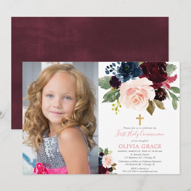 Invitation Burgundy blush marine fille première communion pho (Devant / Derrière)