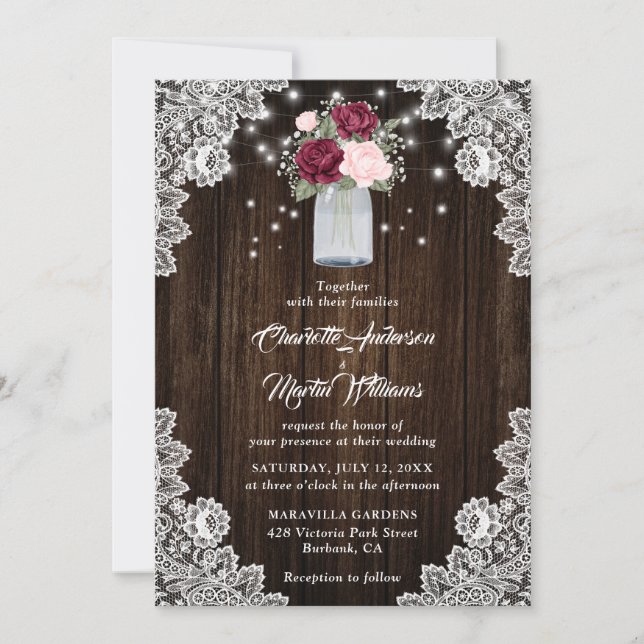 Invitation Burgundy Blush Mason Jar Lace Mariage Floral (Devant)