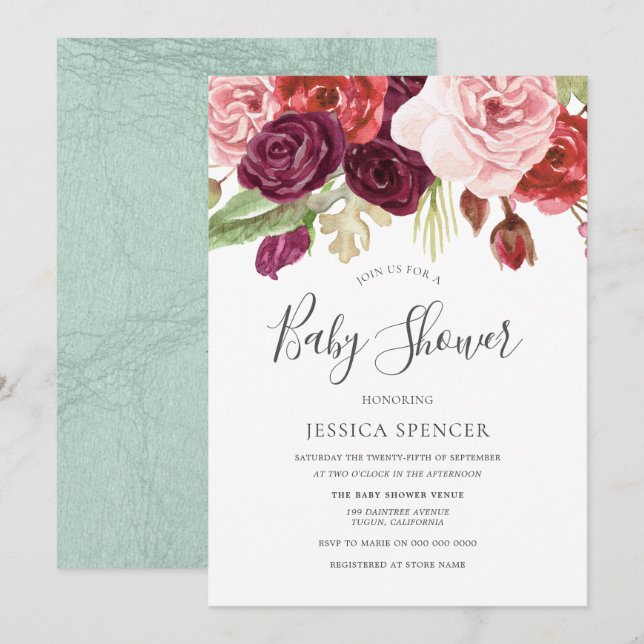 Invitation Burgundy Blush & Mint Floral Baby shower Invitatio (Devant / Derrière)