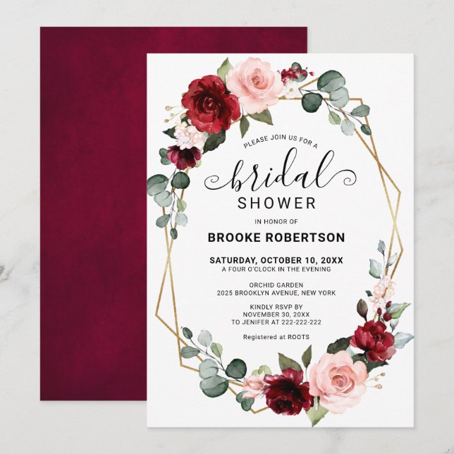 Invitation Burgundy Blush Moderne Fête des mariées géométriqu (Devant / Derrière)