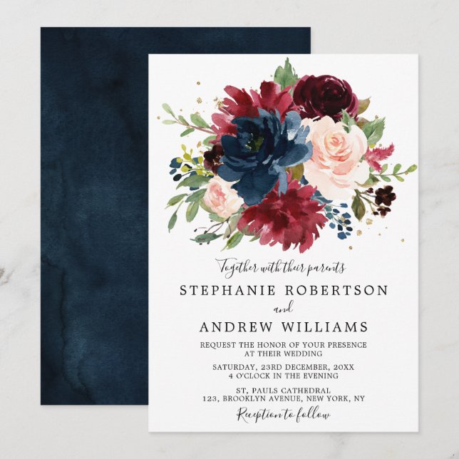 Invitation Burgundy Blush Navy Bleu Botanique Floral Mariage (Devant / Derrière)