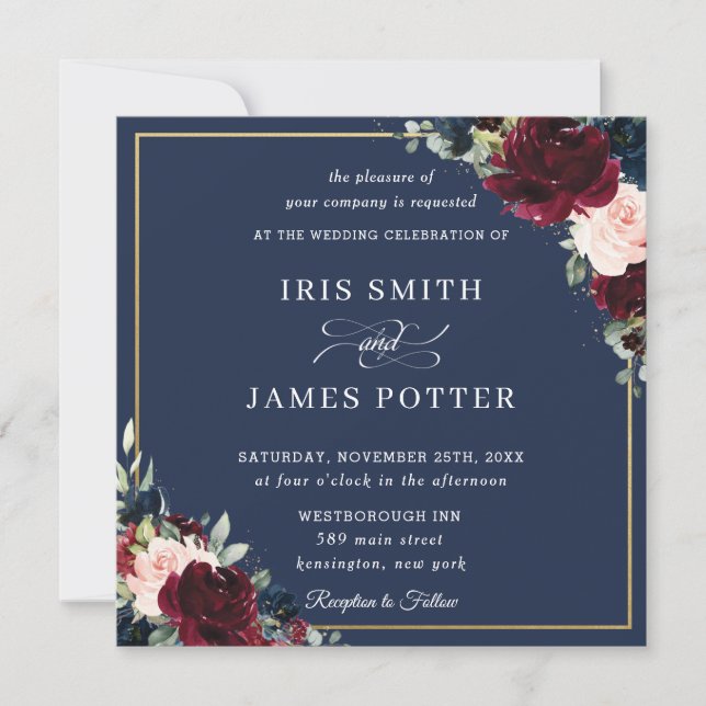 Invitation Burgundy Blush Navy Blue Floral Mariage Carré (Devant)