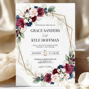 Invitation Burgundy Blush Navy Blue Floral Mariage géométriqu