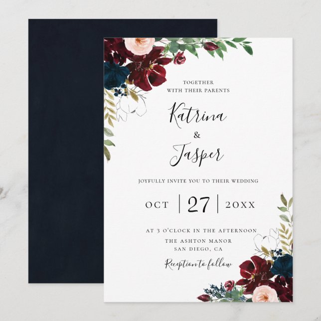 Invitation Burgundy Blush Navy Botanique Floral Mariage (Devant / Derrière)