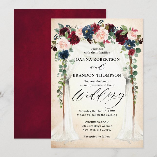 Invitation Burgundy Blush Navy Floral Arch Canopy Mariage (Devant / Derrière)