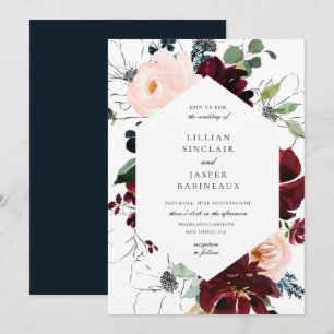 Invitation Burgundy Blush Navy Floral Frame Mariage