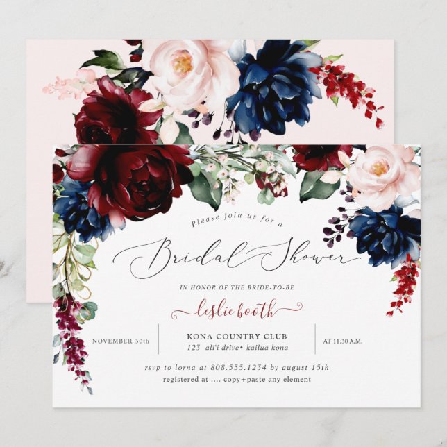 Invitation Burgundy Blush Navy Flowers Fête des mariées (Devant / Derrière)