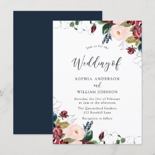 Invitation Burgundy Blush Navy Indigo Florals Mariage