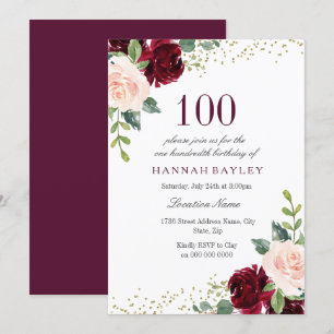Invitation Burgundy Blush Parties scintillant 100e fête d'ann