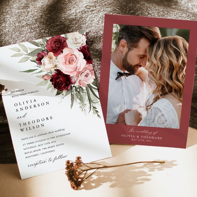 Invitation Burgundy Blush Pink Floral Photo Wedding (burgundy blush pink floral wedding photo invitation, rose invite card, romantic wedding stationery)