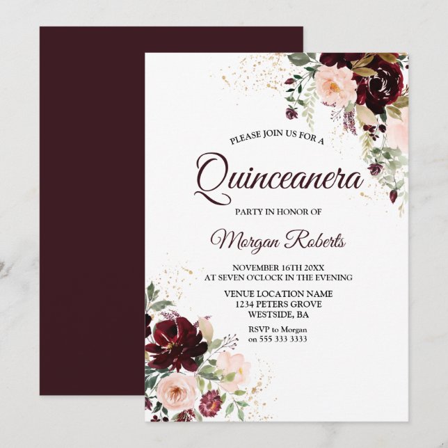 Invitation Burgundy Blush Red Wine Floral Quinceanera Party (Devant / Derrière)