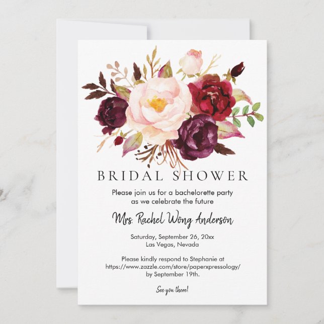 Invitation Burgundy Blush rose Fête des mariées florale Photo (Devant)