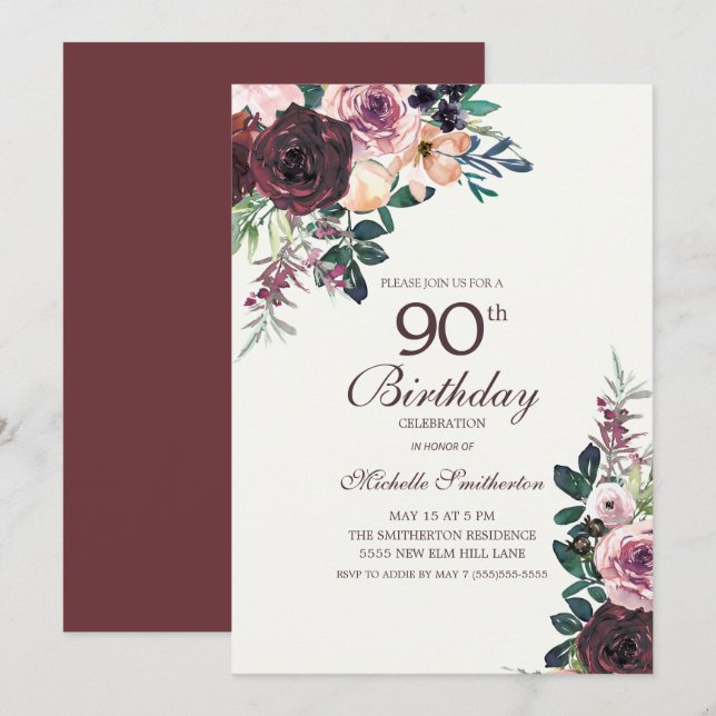 Invitation Burgundy Blush Rose Floral Feuille 90e anniversair (Devant / Derrière)