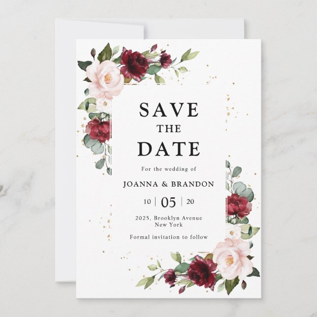 Invitation Burgundy Blush rose Floral géométrique enregistrer (Devant)