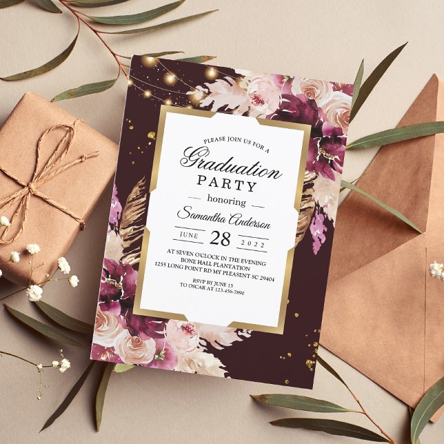 Invitation Burgundy Blush rose Floral & Gold Frame & Lumières (Créateur téléchargé)