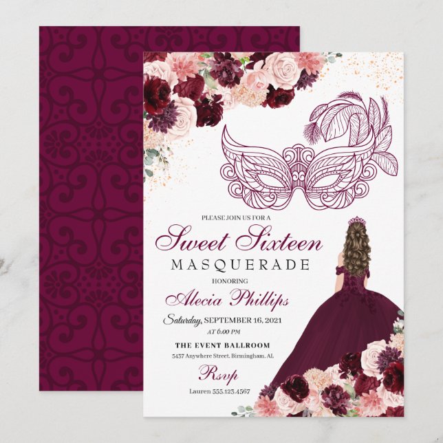 Invitation Burgundy Blush rose Floral Masquerade Sweet 16 Inv (Devant / Derrière)